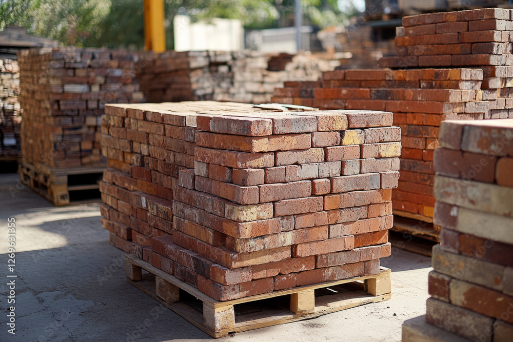 Many red bricks are neatly stacked on wooden pallets, ready for use in construction or renovation projects Many red bricks are neatly stacked on wooden pallets, ready for use in construction or renovation projects