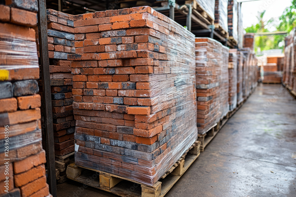 Many red bricks are neatly stacked on wooden pallets, ready for use in construction or renovation projects Many red bricks are neatly stacked on wooden pallets, ready for use in construction or renovation projects