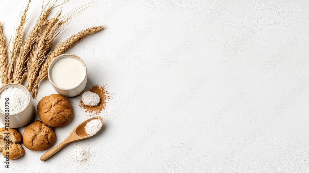 Bakery ingredients, milk, wheat, on white background. Possible use Food photography, recipe inspiration Bakery ingredients, milk, wheat, on white background. Possible use Food photography, recipe inspiration