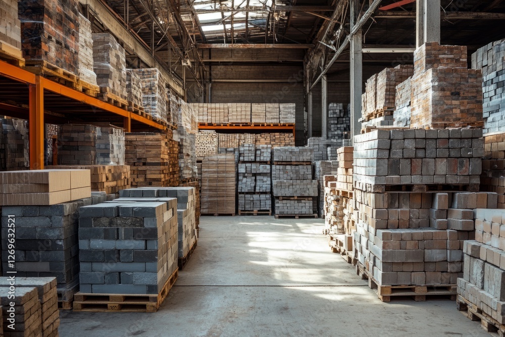 Pallets of bricks and paving stones are neatly stacked and organized in a large warehouse, ready for distribution or use in construction projects Pallets of bricks and paving stones are neatly stacked and organized in a large warehouse, ready for distribution or use in construction projects
