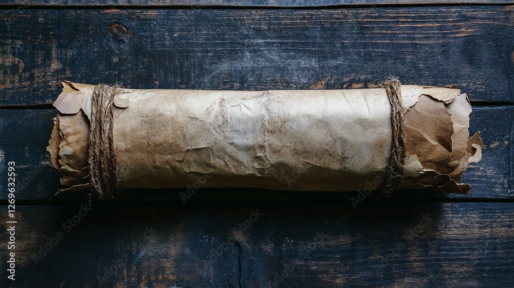 Fototapeta premium Old paper scroll tied with rope lying on wooden table