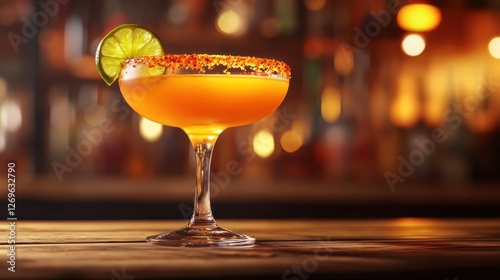 Orange cocktail in coupe glass with lime.