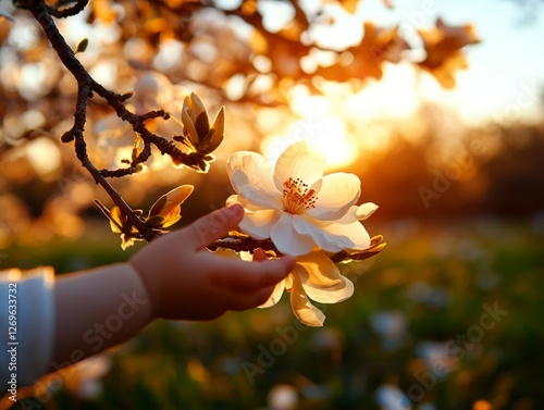 child's hand extends touch soft blooming magnolia flowers. warm sunlight creates dreamy atmosphere highlighting nature's beauty in tranquil garden.
