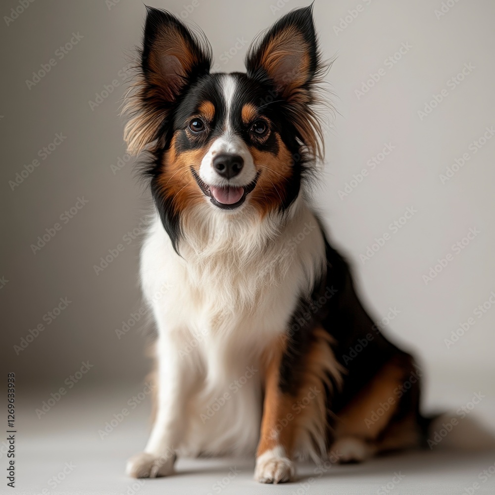 Friendly tri-color dog with alert expression on neutral background Friendly tri-color dog with alert expression on neutral background