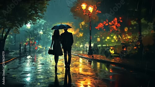 Romantic couple walking under an umbrella in a rainy park, illuminated by streetlights and colorful foliage