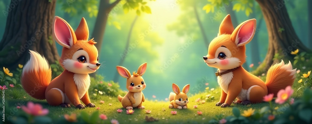 Naklejka premium Adorable woodland creatures in a cozy forest setting, cute, adorable