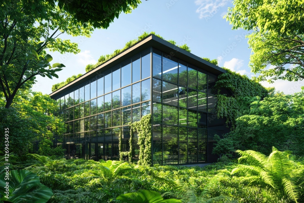 Glass Building Among Lush Green Trees Glass Building Among Lush Green Trees