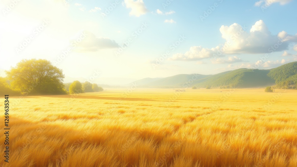 Obraz premium Pollen allergy symptoms, Rural landscape clear fields pollen particles drifting watercolor style photorealistic.