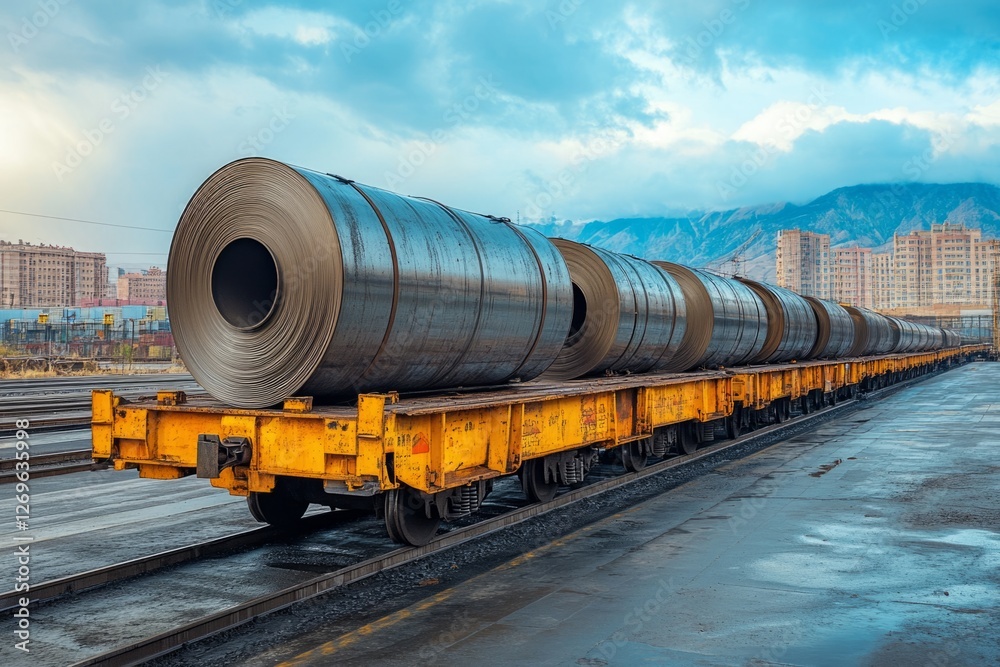 Freight train transporting steel coil rolls in an industrial area, demonstrating the logistics of heavy cargo Freight train transporting steel coil rolls in an industrial area, demonstrating the logistics of heavy cargo