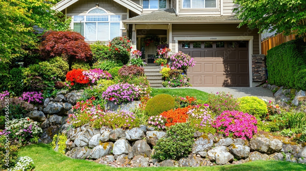 Obraz premium Well-tended flower garden with colorful blooms, in front of a home, for use in real estate ads