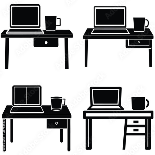 Desk with Laptop and Coffee Icon vector Design.