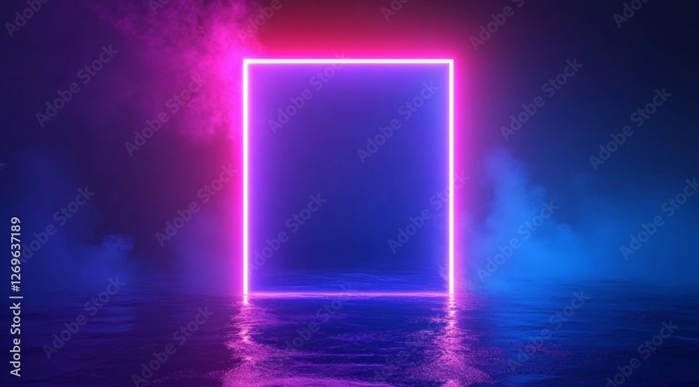 Neon rectangle portal in a dark, smoky, reflective space Neon rectangle portal in a dark, smoky, reflective space