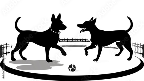 Silhouette of two dogs playing with a ball in a fenced area