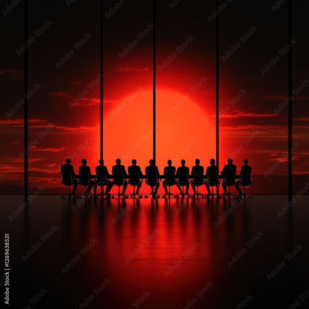 Fototapeta premium Colorful watercolor vector illustration of business meeting at office with silhouettes of people and company logo in background