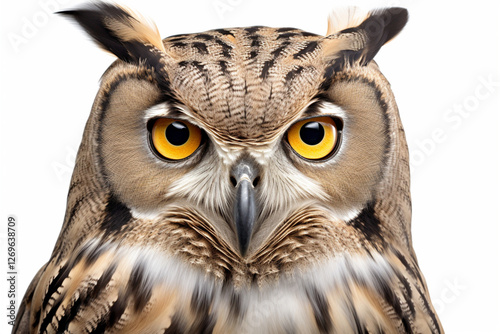 Eurasian Eagle-Owl close-up portrait on a white background.