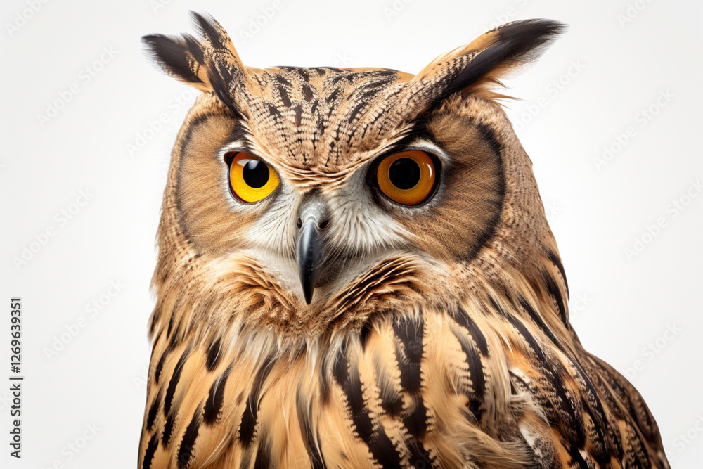 Fototapeta premium Eurasian Eagle-Owl close-up portrait on a white background.