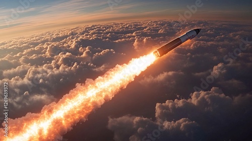 Nuclear missile is launching above a cloud layer at dusk