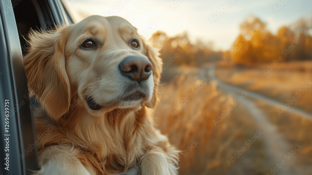 golden retriever looking out of car window, enjoying scenery with happy expression. warm autumn colors create serene atmosphere golden retriever looking out of car window, enjoying scenery with happy expression. warm autumn colors create serene atmosphere