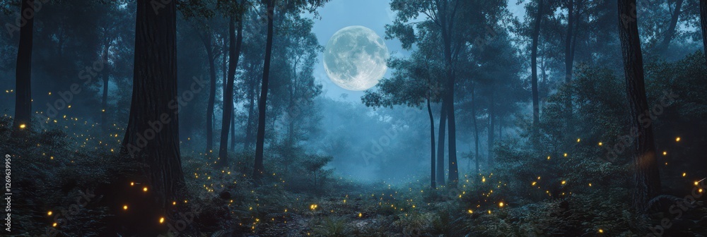 Fototapeta premium Moonlit Forest Path With Glowing Fireflies