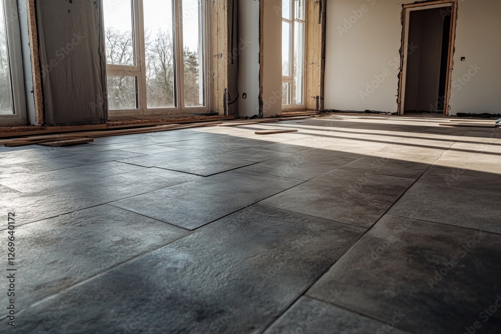 Sunlight illuminating new ceramic tiles laid on the floor in a room undergoing renovation Sunlight illuminating new ceramic tiles laid on the floor in a room undergoing renovation