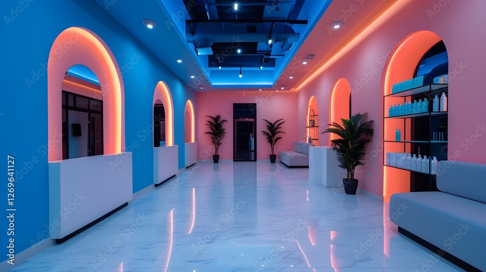 Vibrant Arched Hallway with Neon Lighting and Modern Minimalist Design