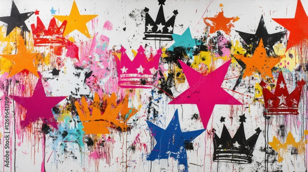 Vibrant Art Display of Stars and Crowns, Urban Gallery, Canvas Artwork, Colorful Environment, Dynamic Viewpoint Vibrant Art Display of Stars and Crowns, Urban Gallery, Canvas Artwork, Colorful Environment, Dynamic Viewpoint