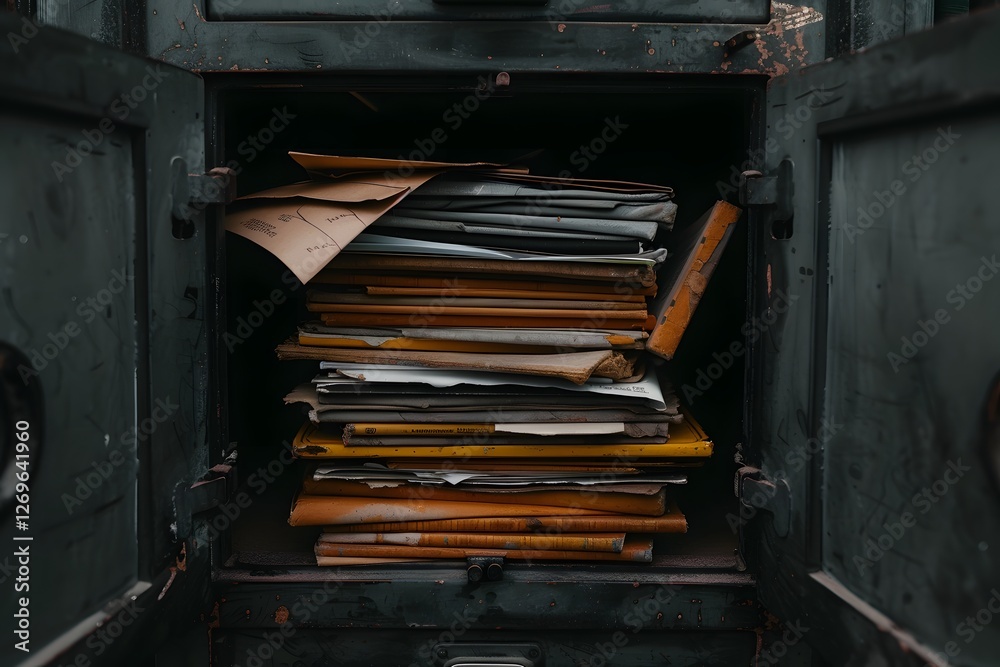 Chaotic Pile of Vintage Paper Files and Folders in Disarray in Old Office Cabinet