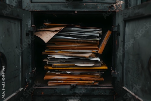Obraz na płótnie Chaotic Pile of Vintage Paper Files and Folders in Disarray in Old Office Cabinet w salonie