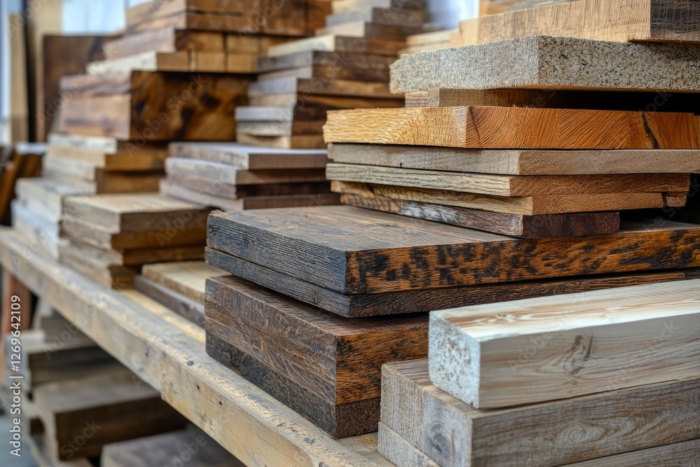 Samples of wooden boards are stacked on shelves, creating an interesting display of textures and colors Samples of wooden boards are stacked on shelves, creating an interesting display of textures and colors
