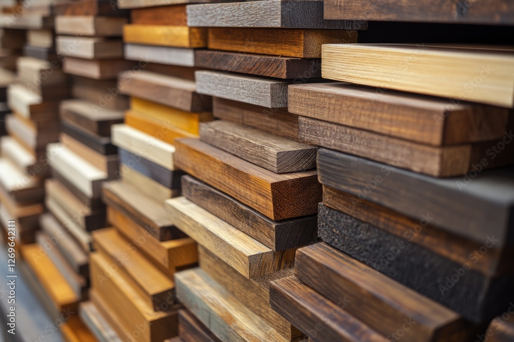 Samples of wooden boards are stacked on shelves, creating an interesting display of textures and colors Samples of wooden boards are stacked on shelves, creating an interesting display of textures and colors