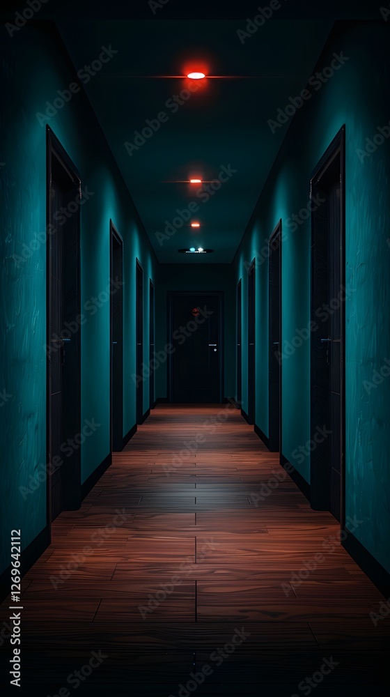 Dark and Mysterious Hallway with Ominous Lighting and Red Accents