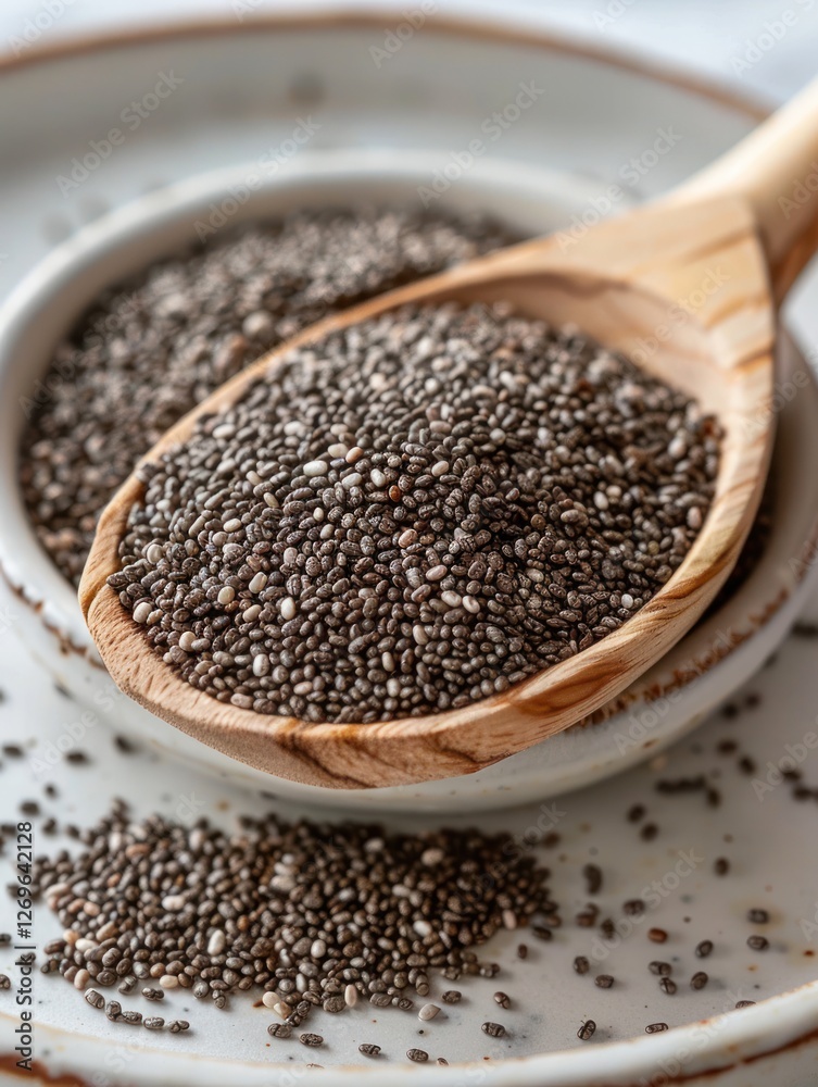 Chia seeds sit on a wooden spoon atop a white plate, lit softly to showcase their texture Chia seeds sit on a wooden spoon atop a white plate, lit softly to showcase their texture