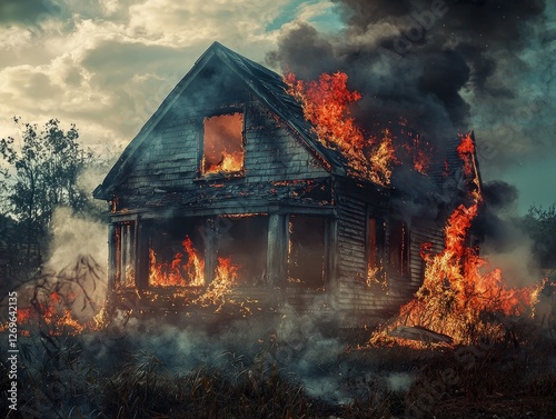 House on fire and burning down putting out the flames landscape