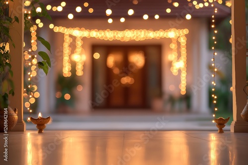 diwali hindu festive lights decoration on house entrance with bokeh effect during the evening celebration blurred background photo