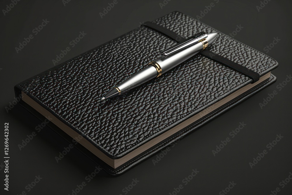 A sleek black leather notebook and silver pen rest on a dark surface, bathed in soft overhead light-ideal for ideas A sleek black leather notebook and silver pen rest on a dark surface, bathed in soft overhead light-ideal for ideas