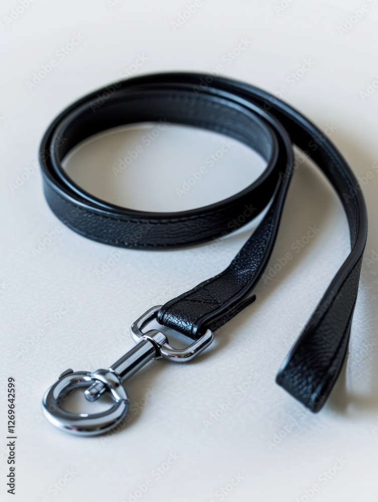 A single black leash rests on a clean white surface, showcasing simplicity and potential, illuminated by soft lighting A single black leash rests on a clean white surface, showcasing simplicity and potential, illuminated by soft lighting