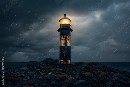 Obraz na płótnie Dramatic Lighthouse Standing Tall Amidst Stormy Seascape and Crashing Waves w salonie