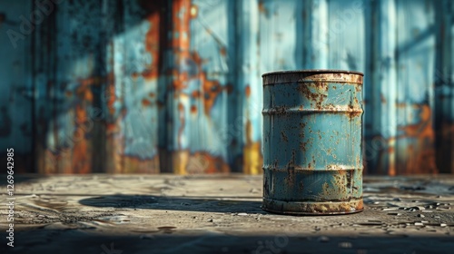 A clean oil barrel stands on a flat concrete surface, softly lit to showcase its industrial form and shadows photo