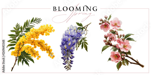 Flowering mimosa, wisteria and sakura branches isolated on a white background. Vintage painting style illustration.