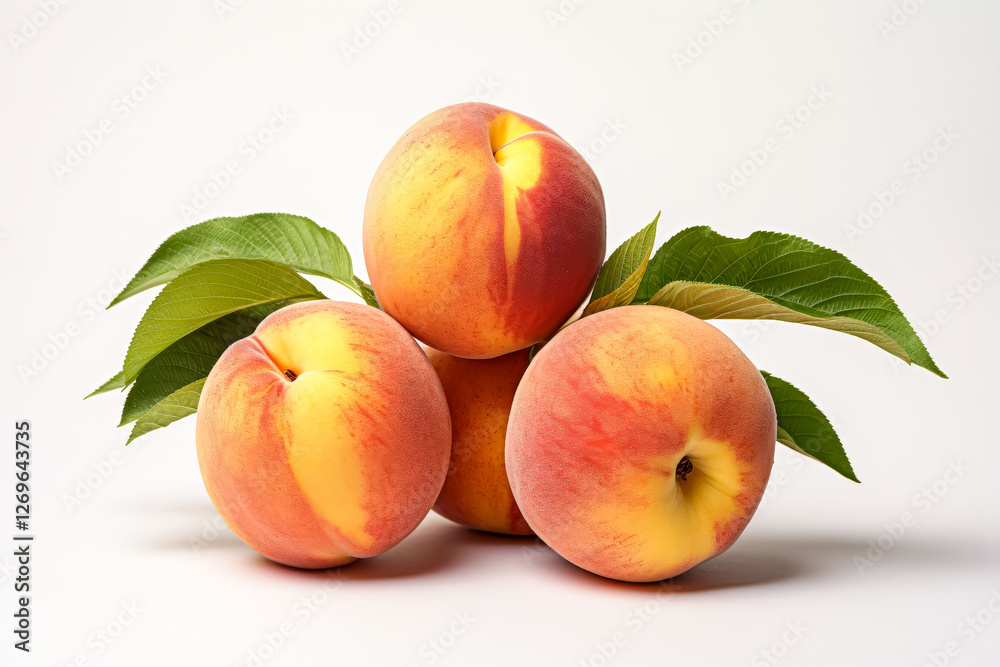 Three peaches are piled on top of each other with a leaf in between Three peaches are piled on top of each other with a leaf in between