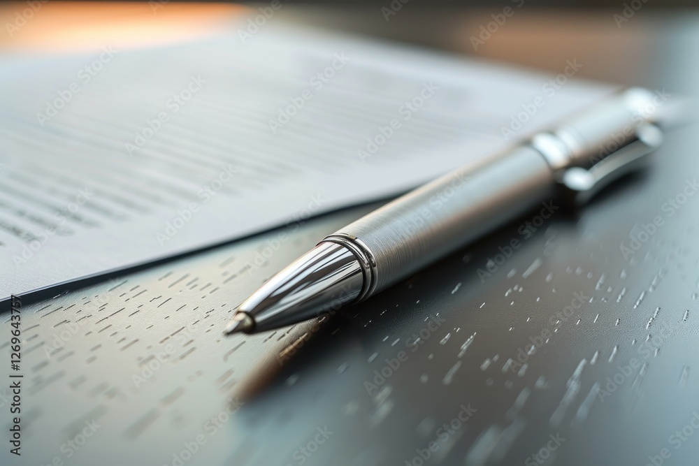 A neatly folded contract rests on a smooth matte black desk, with a silver pen placed atop, illuminated by soft light A neatly folded contract rests on a smooth matte black desk, with a silver pen placed atop, illuminated by soft light