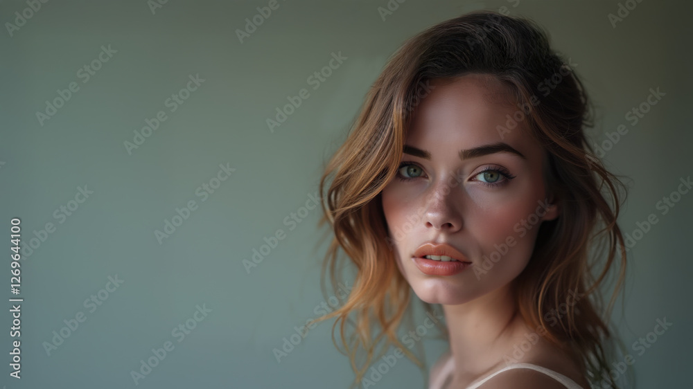 A beautiful model with a flawless complexion, highlighting skin care and cosmetics. Shoulder-length brown hair. Studio portrait of a woman standing in front of a green background. Copy space. A beautiful model with a flawless complexion, highlighting skin care and cosmetics. Shoulder-length brown hair. Studio portrait of a woman standing in front of a green background. Copy space.