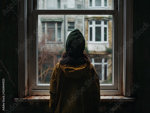 Hooded Silhouette Gazing Through Window in Moody Urban Cityscape