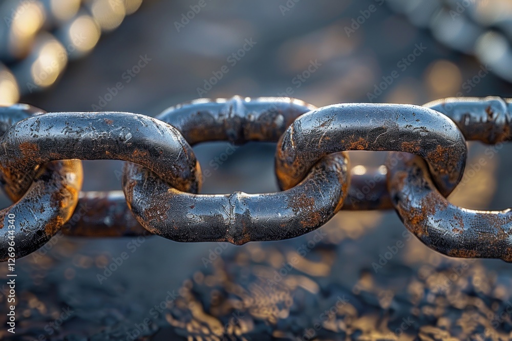 Heavy-duty industrial chain with strong interlocking links, showcasing a textured surface under gentle lighting Heavy-duty industrial chain with strong interlocking links, showcasing a textured surface under gentle lighting