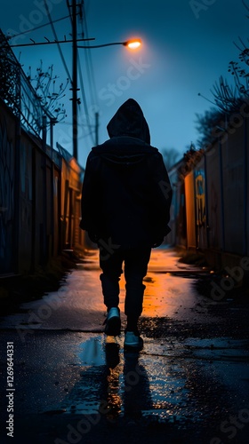 Lone Figure Venturing Down Mysterious Alleyway on Rainy Urban Night