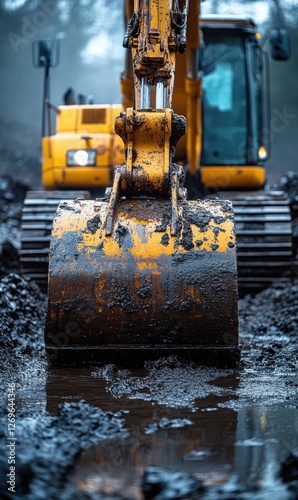Excavator digging in muddy construction site during overcast weather