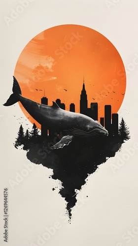 Majestic Whale Soaring Over Vibrant Sunset Cityscape