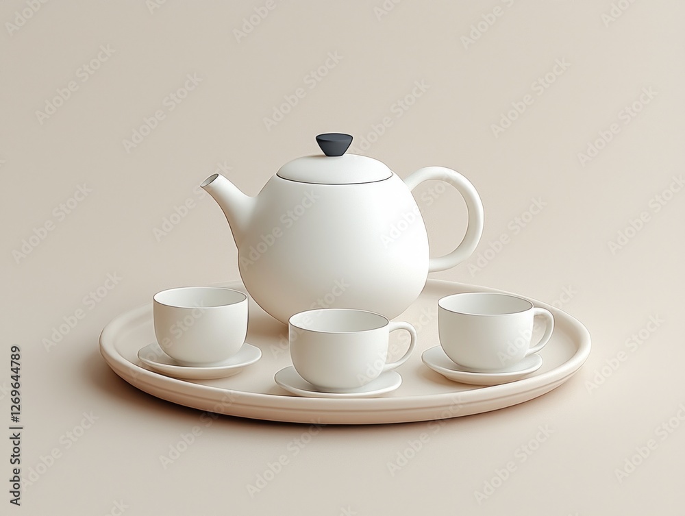 design showcases tea set stylish teapot and matching teacups arranged on round tray. soft beige background enhances modern aesthetics and simplicity of set. design showcases tea set stylish teapot and matching teacups arranged on round tray. soft beige background enhances modern aesthetics and simplicity of set.