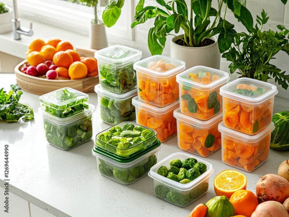 Set of food containers customizable lids arranged neatly on countertop fresh fruits and vegetables surrounding them. is bright and inviting kitchen setting ideal for meal prep. Set of food containers customizable lids arranged neatly on countertop fresh fruits and vegetables surrounding them. is bright and inviting kitchen setting ideal for meal prep.