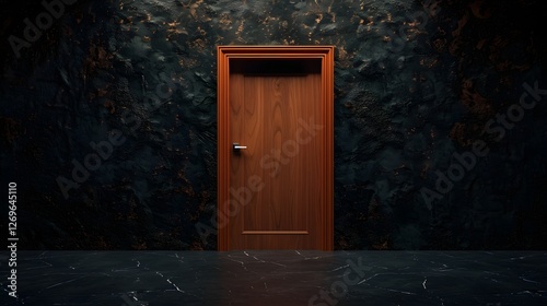 Moody Dark Wooden Door in Gloomy Stone Wall Interior with Mysterious and Ominous Atmosphere